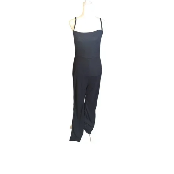 PrettyLittleThing Black Ribbed Strappy Square Neck Flared Jumpsuit Size10 - Picture 2 of 6